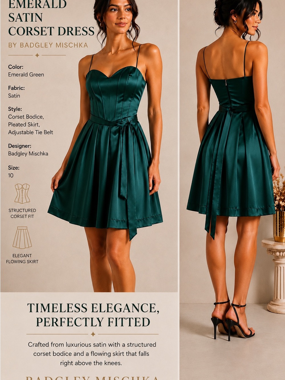 Badgley Mischka Emerald Green Satin Corset Mini with Tie Belt